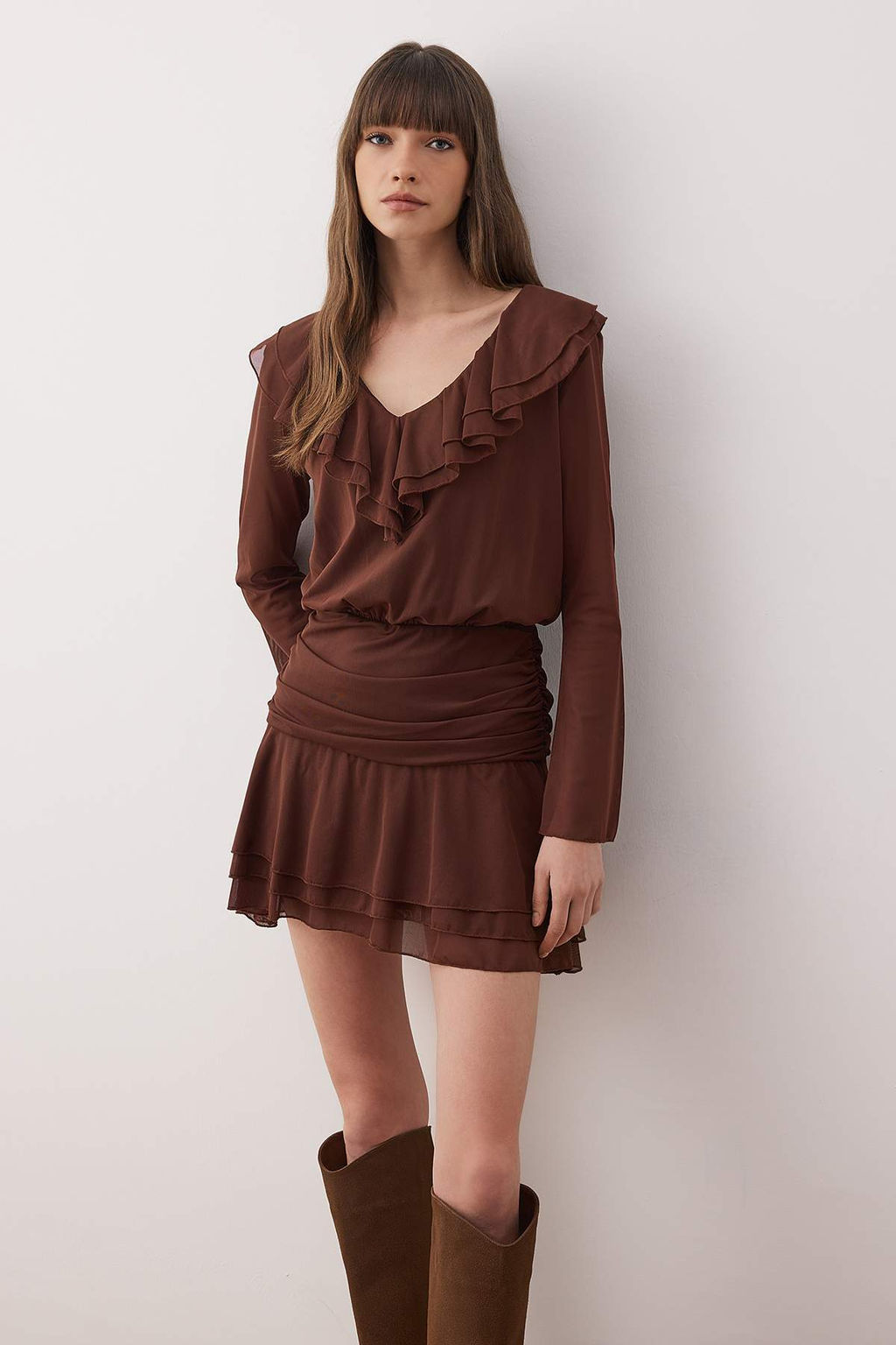 Kahverengi Duz Volanl? / F?rf?rl? Ekstra K?sa / Super Mini Orme Elbise TWOAW26EL00332 - Trendyolmilla фото 3
