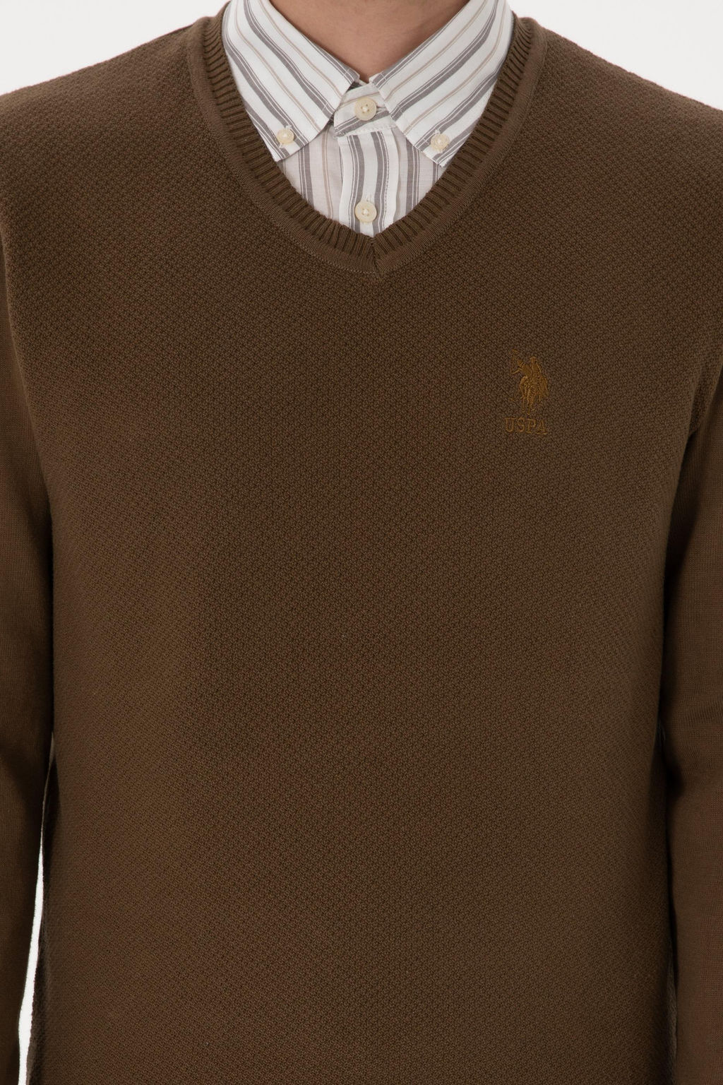 Erkek Slim Fit V Yaka Haki Basic Kazak