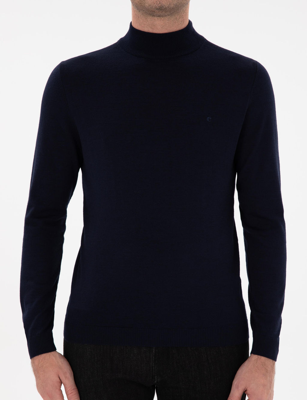 Lacivert Slim Fit Y_n Kar___ml_ Yar_m Bal_k__ Yaka Basic Triko Kazak