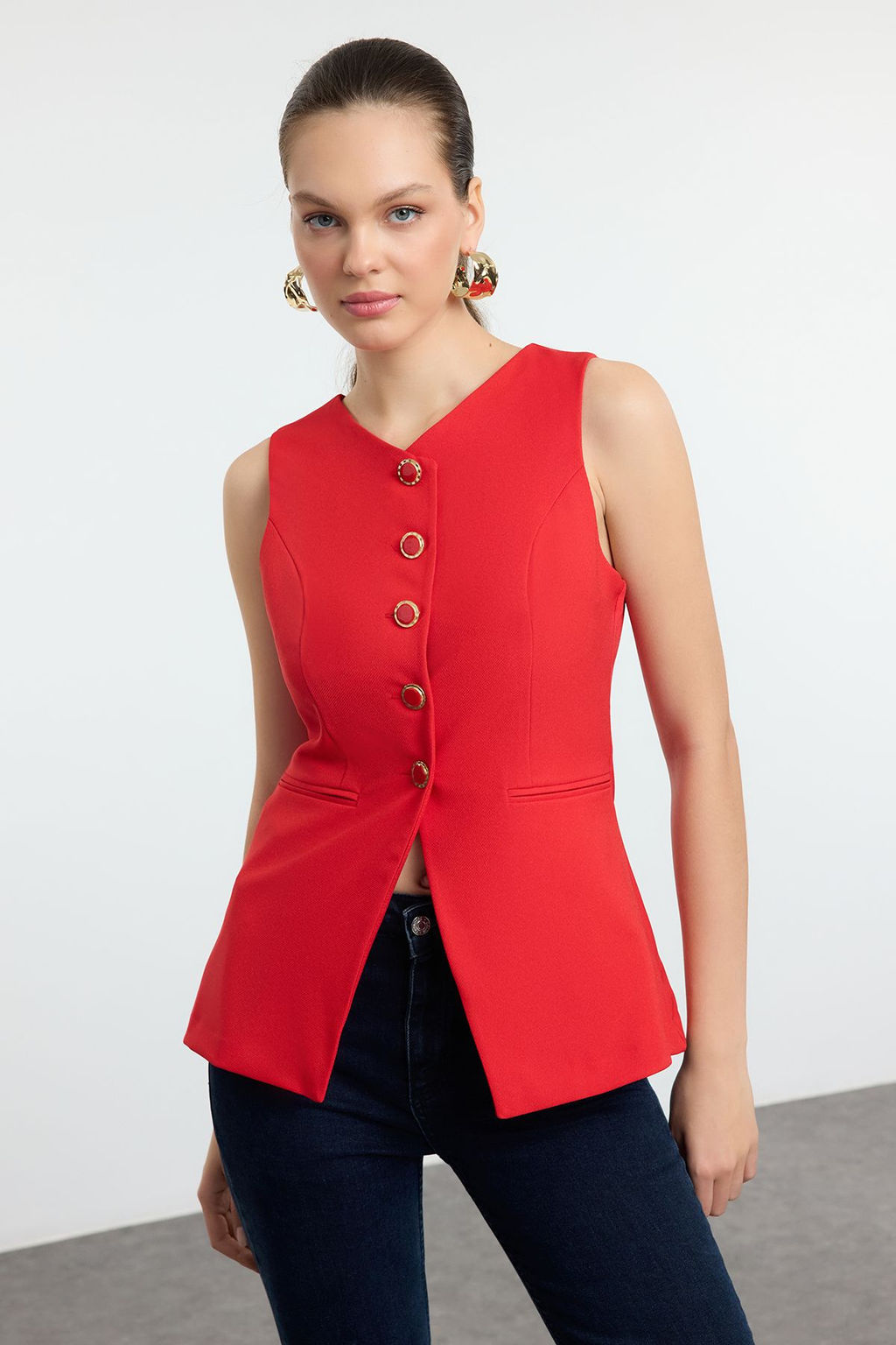 K?rm?z? Fitted Yuvarlak Yaka Dokuma Yelek TWOAW25YE00074