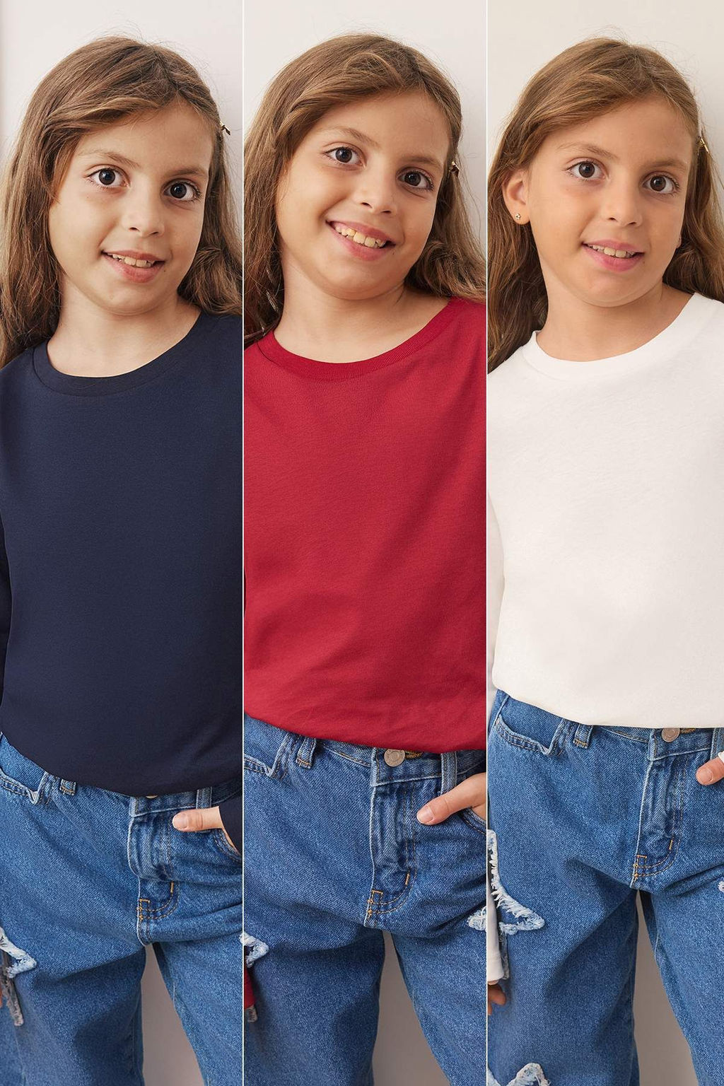 Lacivert-Bordo-Ekru 3lu Unisex Cocuk 100% Pamuk Duz Regular Orme T-Shirt TKDAW26TS00004 - Trendyolmilla фото 8