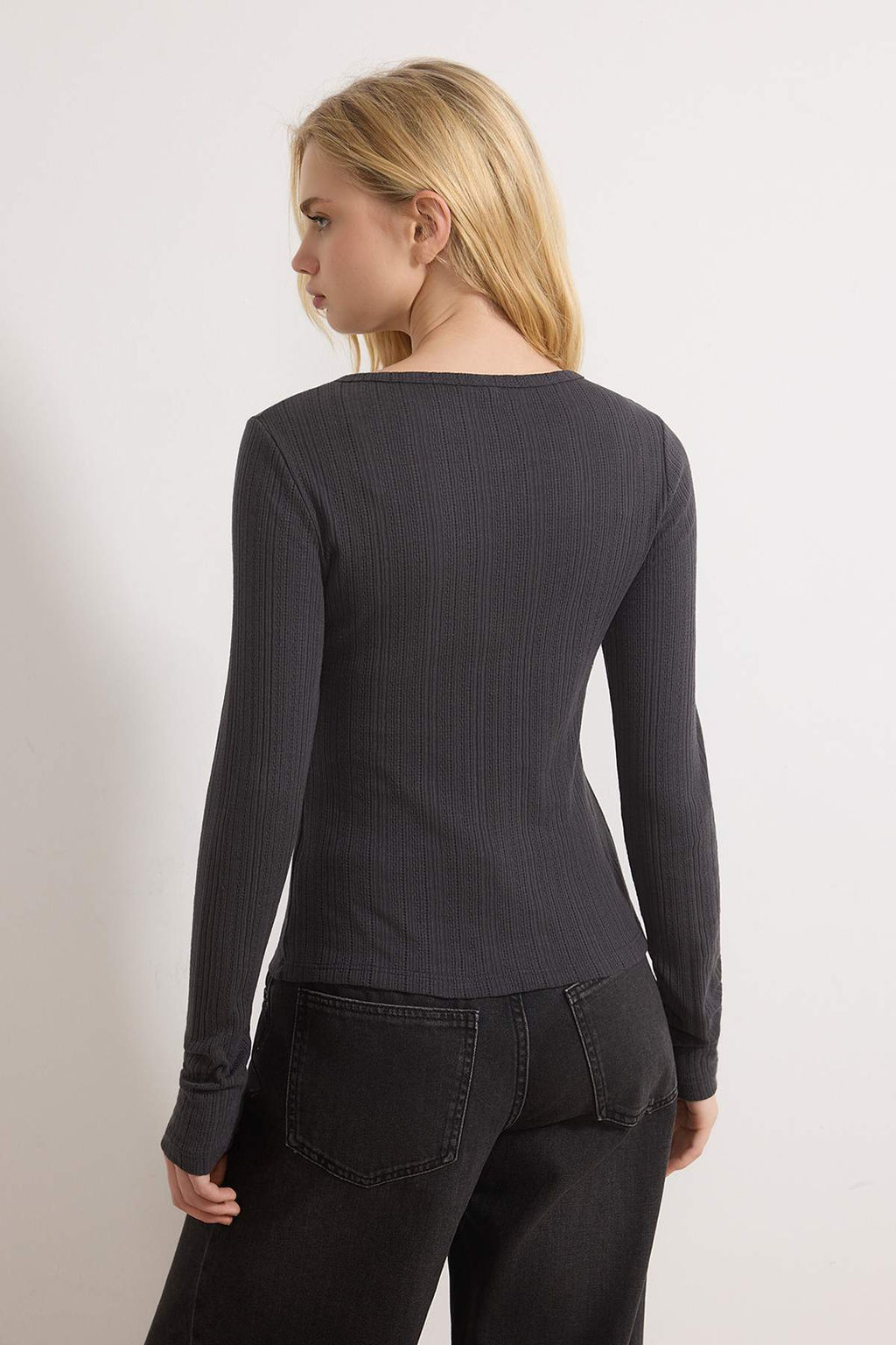 Wardrobe Essentials-Antrasit Fitted/Vucuda Oturan Dugmeli Uzun Kollu Orme Bluz TWOSS26BZ00246