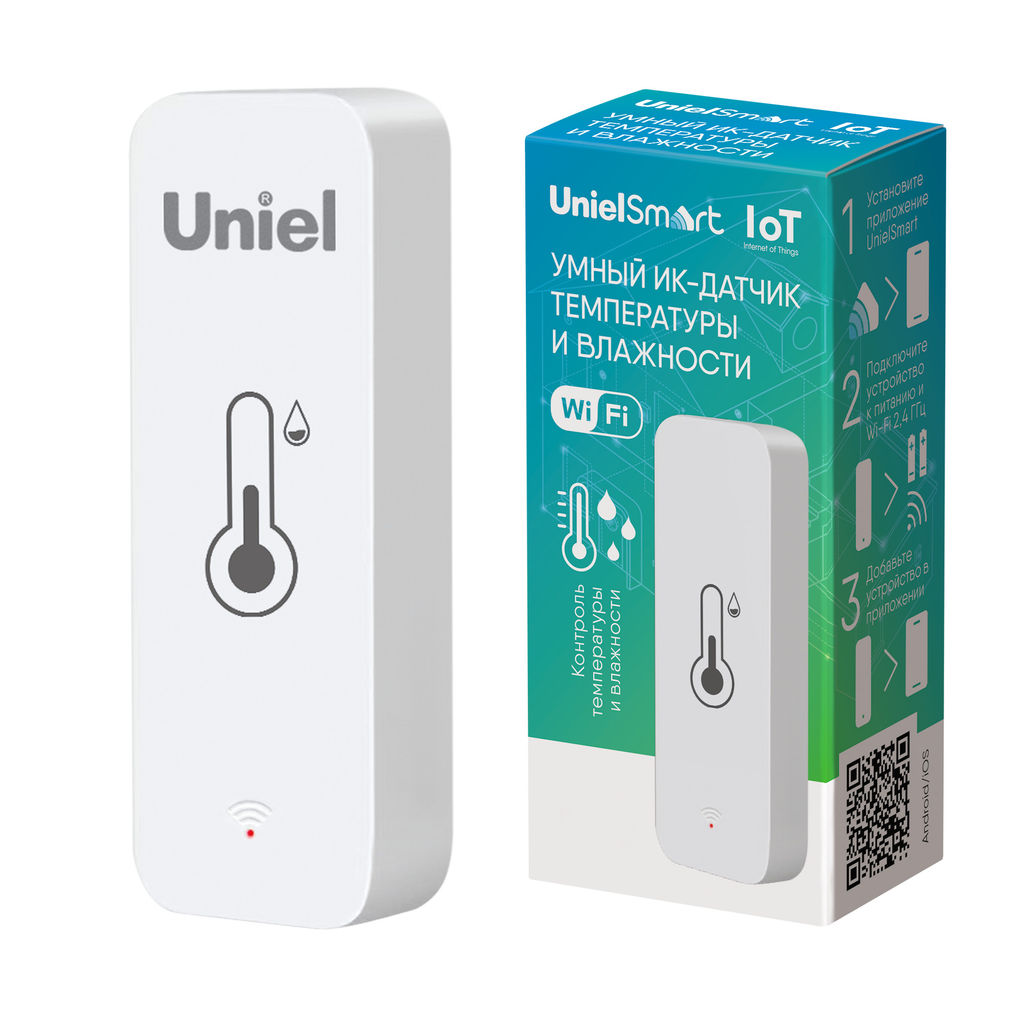 USN-A500 TS/WF WHITE Умный ИК-датчик температуры и влажности Wi-Fi+Bluetooth, на батарейках AAA*2 (н/к). 12м. Накладной. Белый. Голосовое управление+приложение UnielSmart. TM Uniel