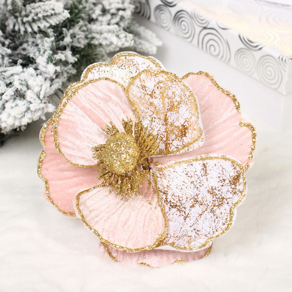 Цена за 2шт. Украшение новогоднее "Пуансеттия - Нежность" 15 см, Розовый/Золото