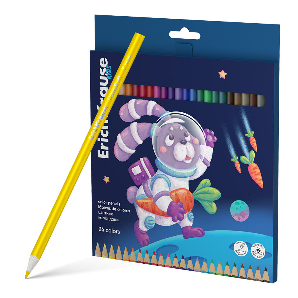 Цена за 6 шт. Цветные карандаши деревянные ErichKrause Kids Space Animals трехгранные, грифель 3 мм, 24 цвета (в коробке с европодвесом 24 шт)