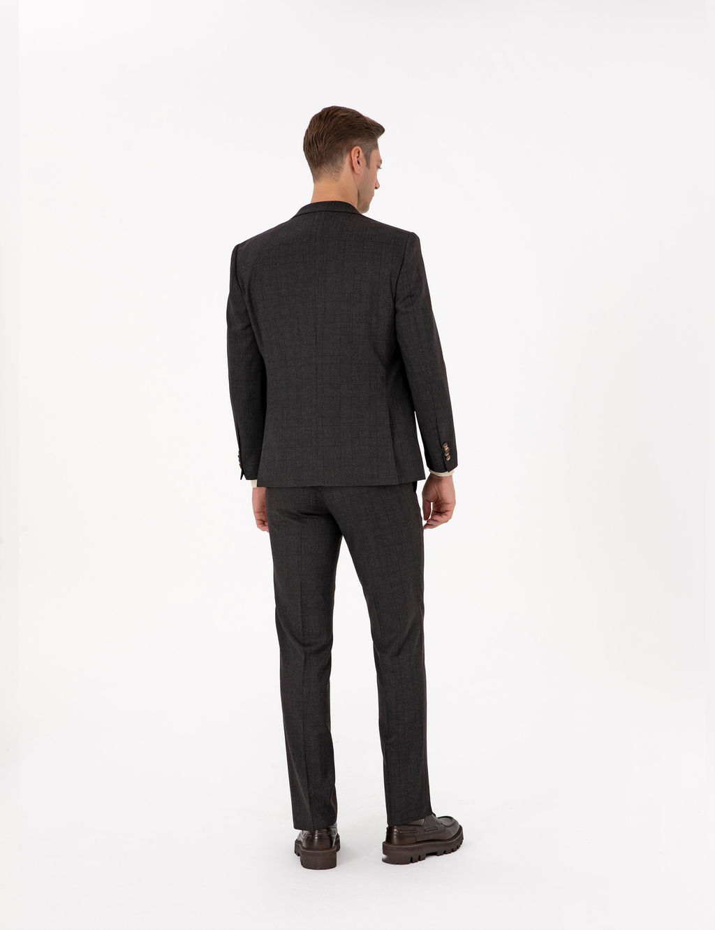 Kahverengi Slim Fit Y_n Kar___ml_ Ekose Tak_m Elbise