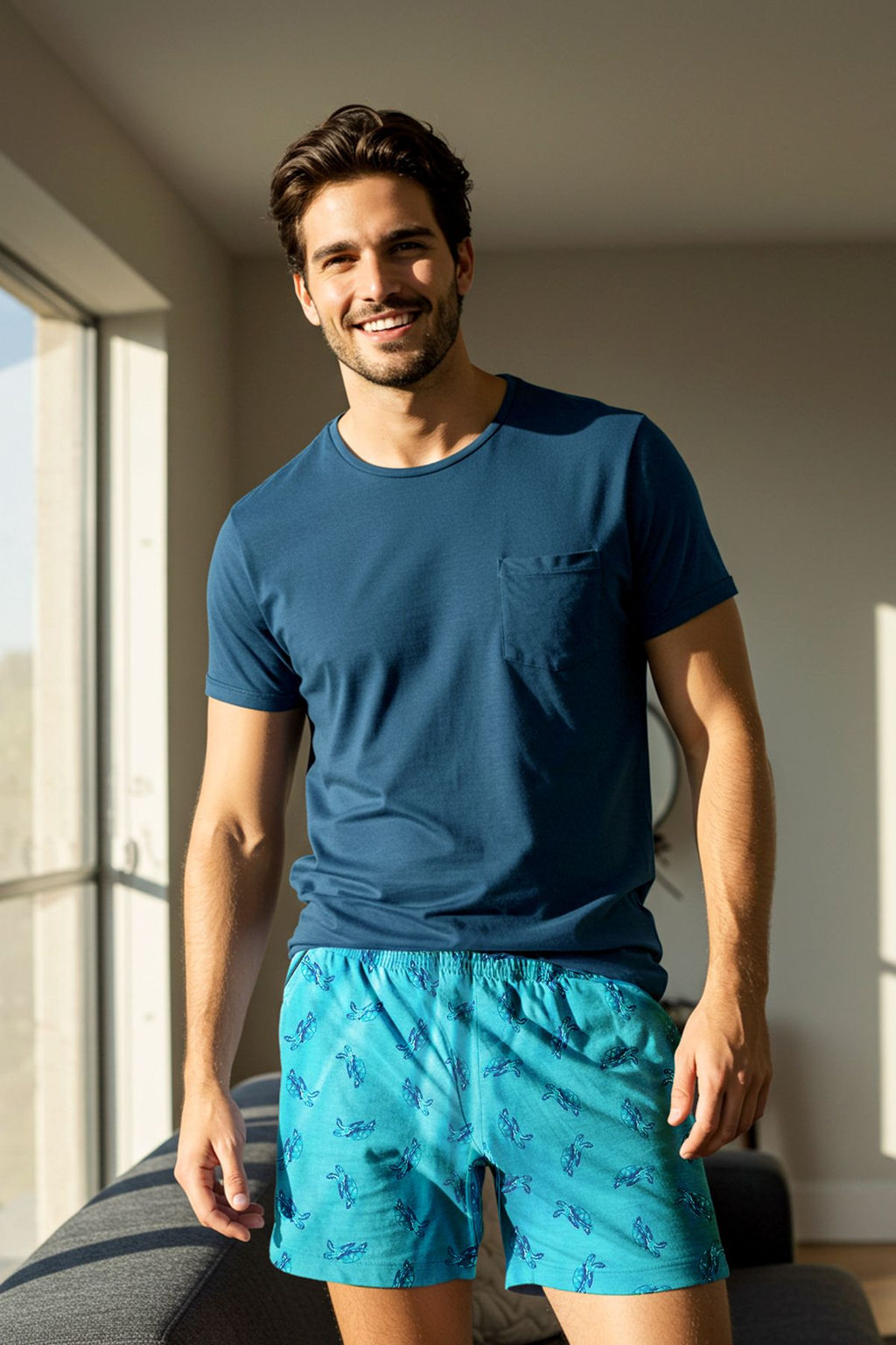 TRENDYOL MAN Petrol Slim Fit Kaplumbaga Desenli Orme Sortlu Pijama Tak?m? TMNSS25PT00012