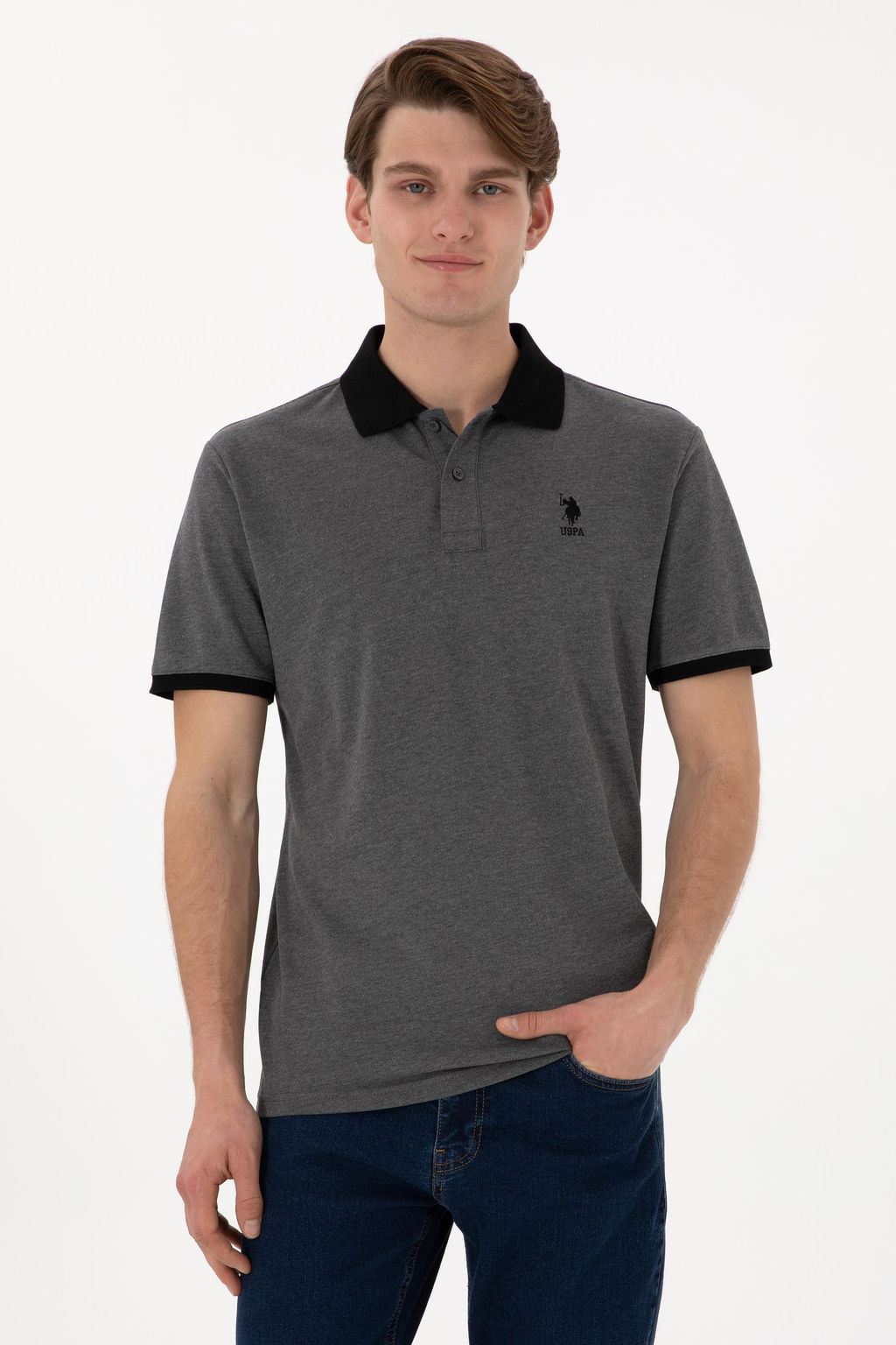 Erkek Regular Fit Polo Yaka Antrasit Melanj Basic Ti__rt Sepette S_rpriz _ndirim