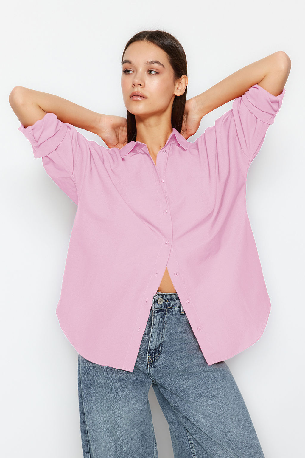 Pembe Pamuklu Oversize Genis Kal?p Dokuma Gomlek TWOSS22GO0669
