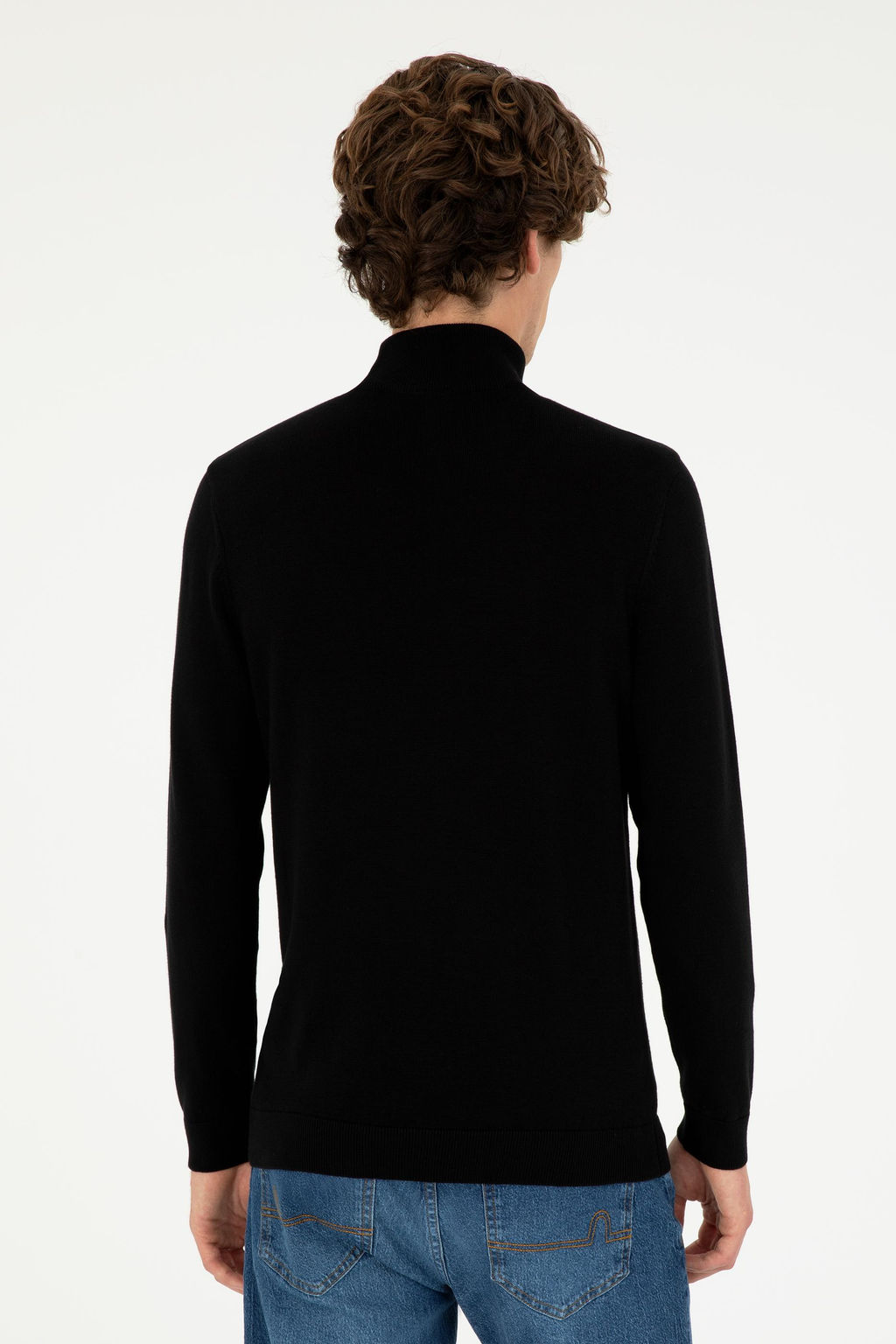 Erkek Slim Fit Yar_m Bo_azl_ Siyah Basic Kazak