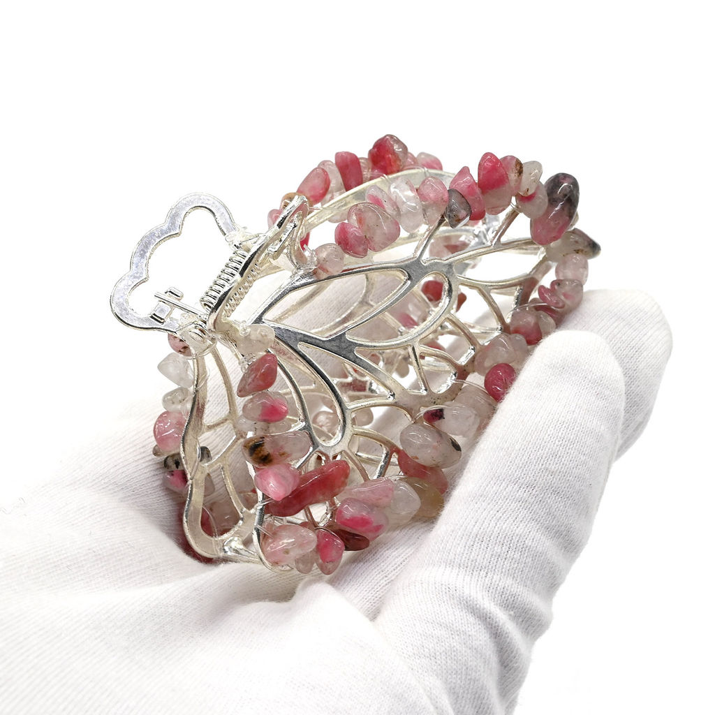 Заколка краб для волос бабочка кварц с включением родонита 8*3,5*5см