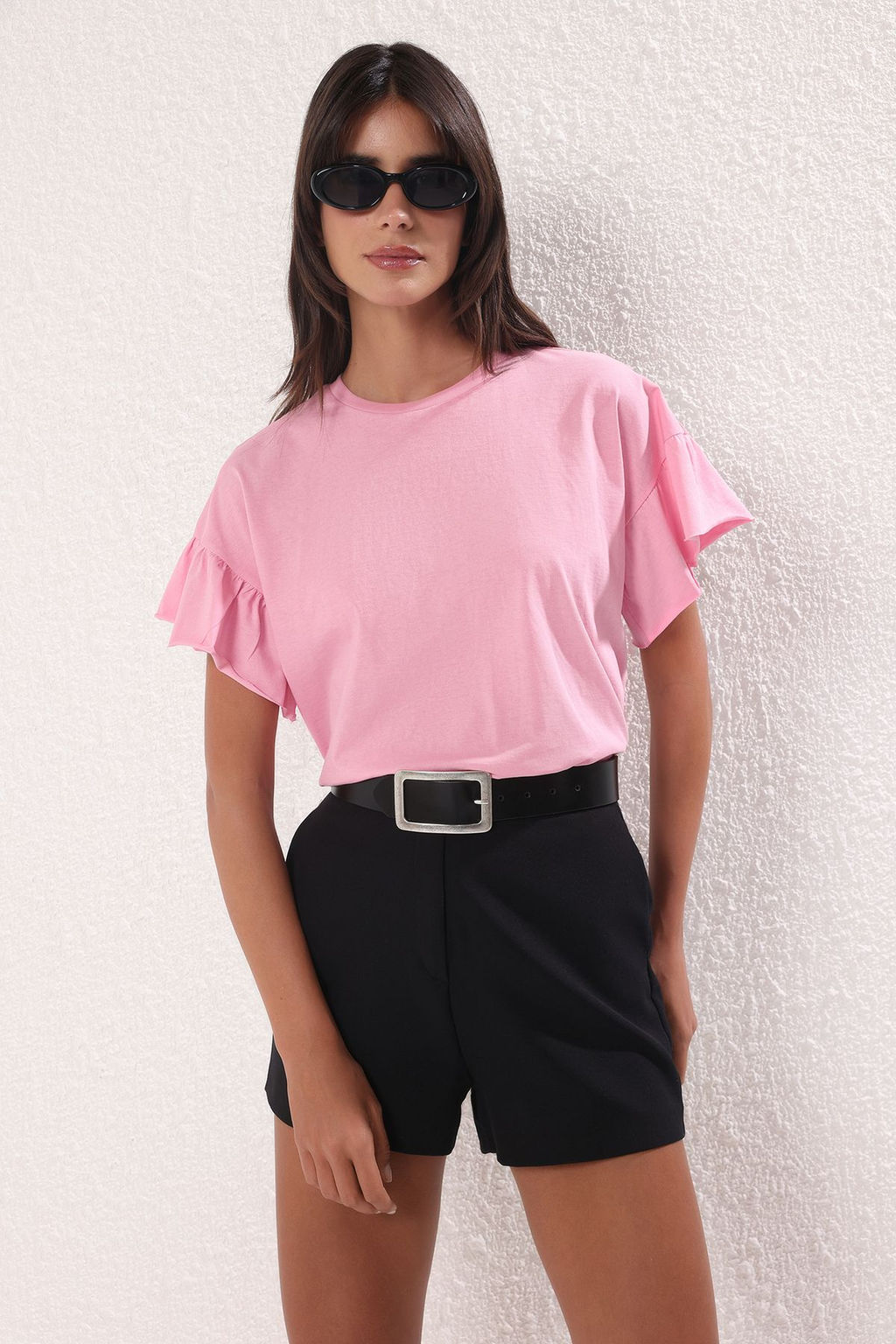 Pembe %100 Pamuk F?rf?r Detayl? Basic Bisiklet Yaka Orme T-Shirt TWOSS22TS2429