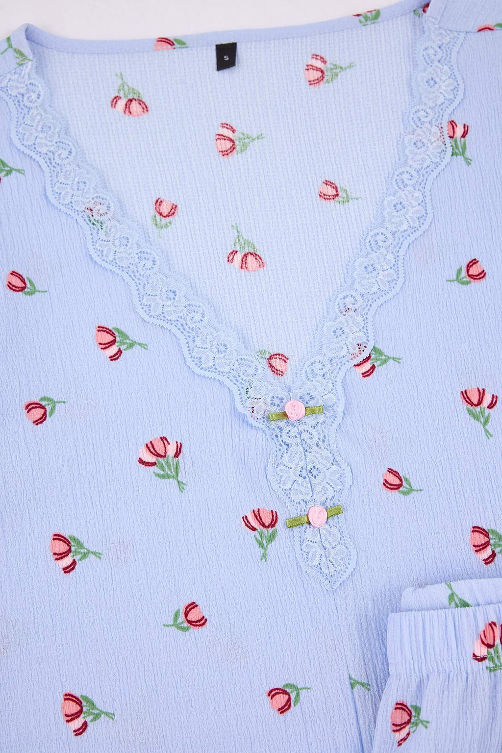 Mavi Cicekli Dantel Detayl? Burumcuk Dokulu Orme Pijama Tak?m? THMSS26PT00011 - Trendyolmilla фото 7