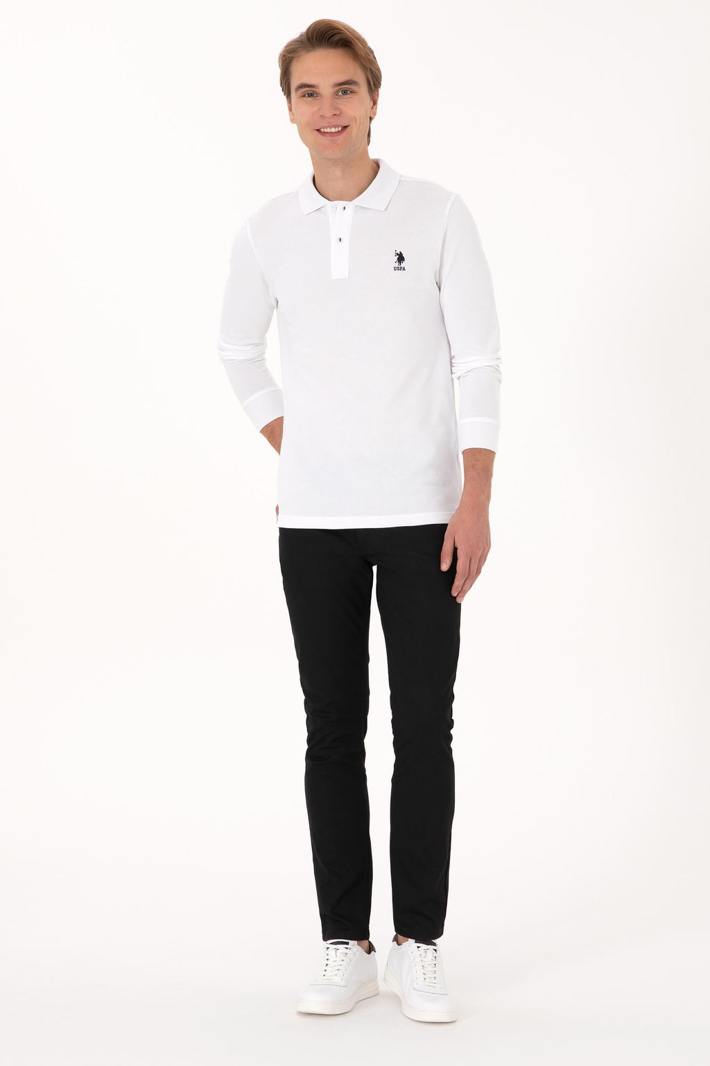 Erkek Slim Fit Polo Yaka Beyaz Basic Sweatshirt