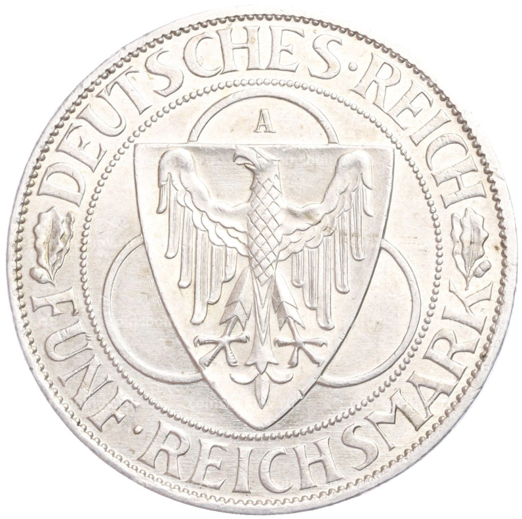 Монета 5 рейхсмарок 1930 года A Германия Освобождение Рейнской области (Рейнланда)