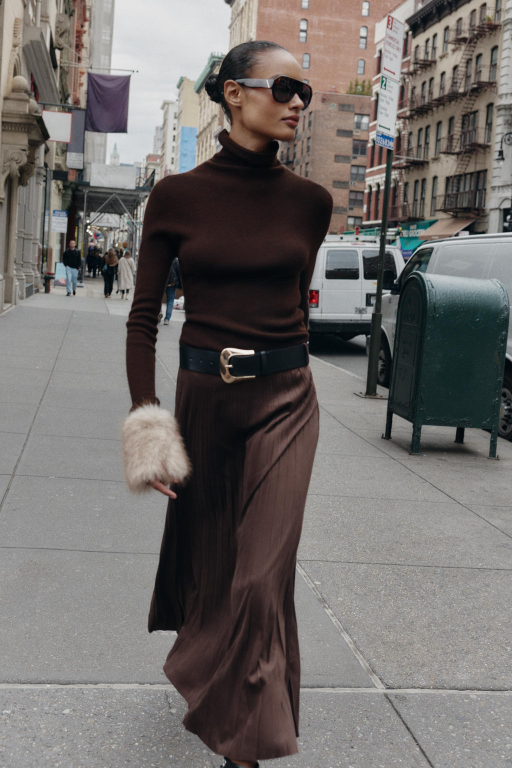 PLEATED FAUX SUEDE MIDI SKIRT WITH BELT