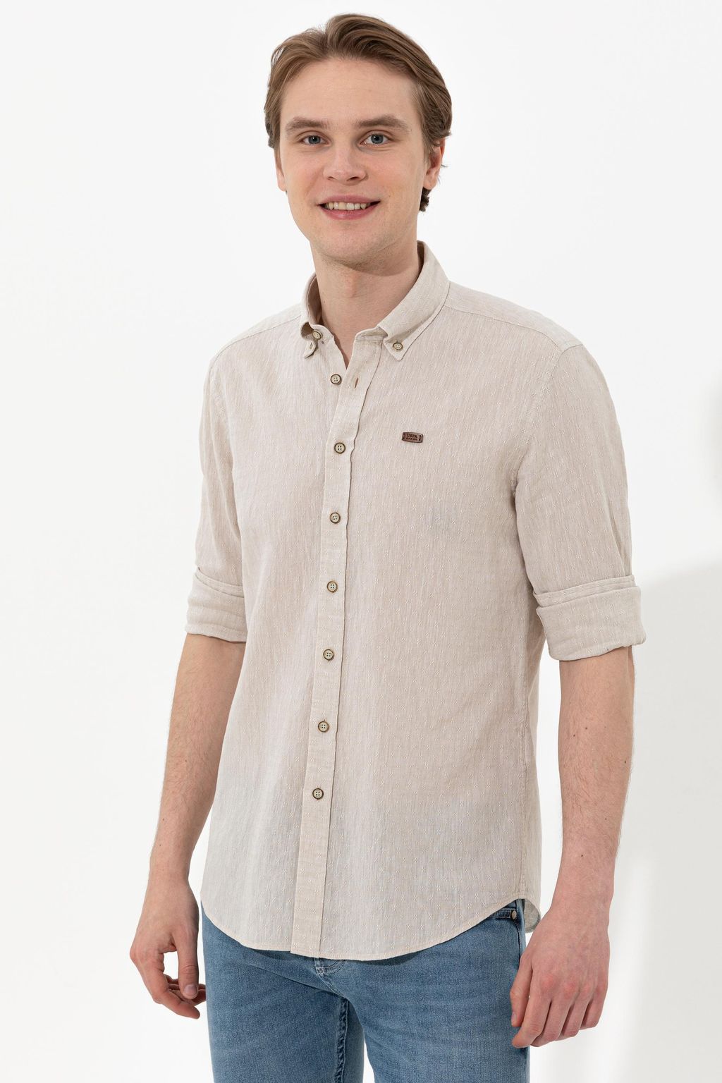 U. S. Polo Assn / Мужская рубашка цвета хаки с воротником на пуговицах и длинным рукавом - U.s. polo assn фото 3
