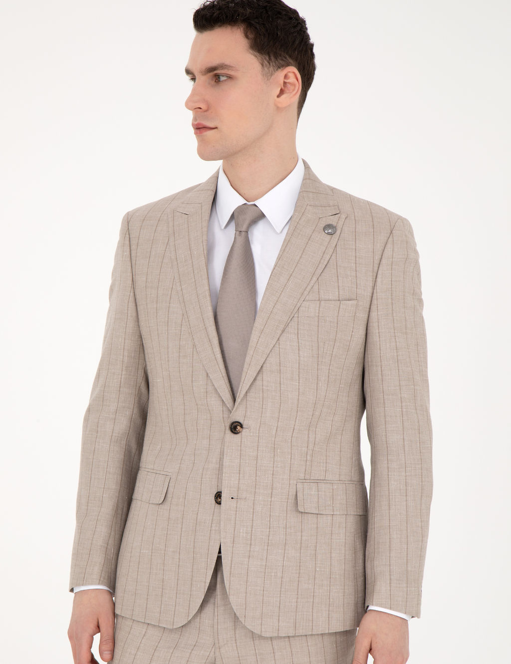 Bej Slim Fit Y_n Keten Kar___ml_ _izgili Tak_m Elbise