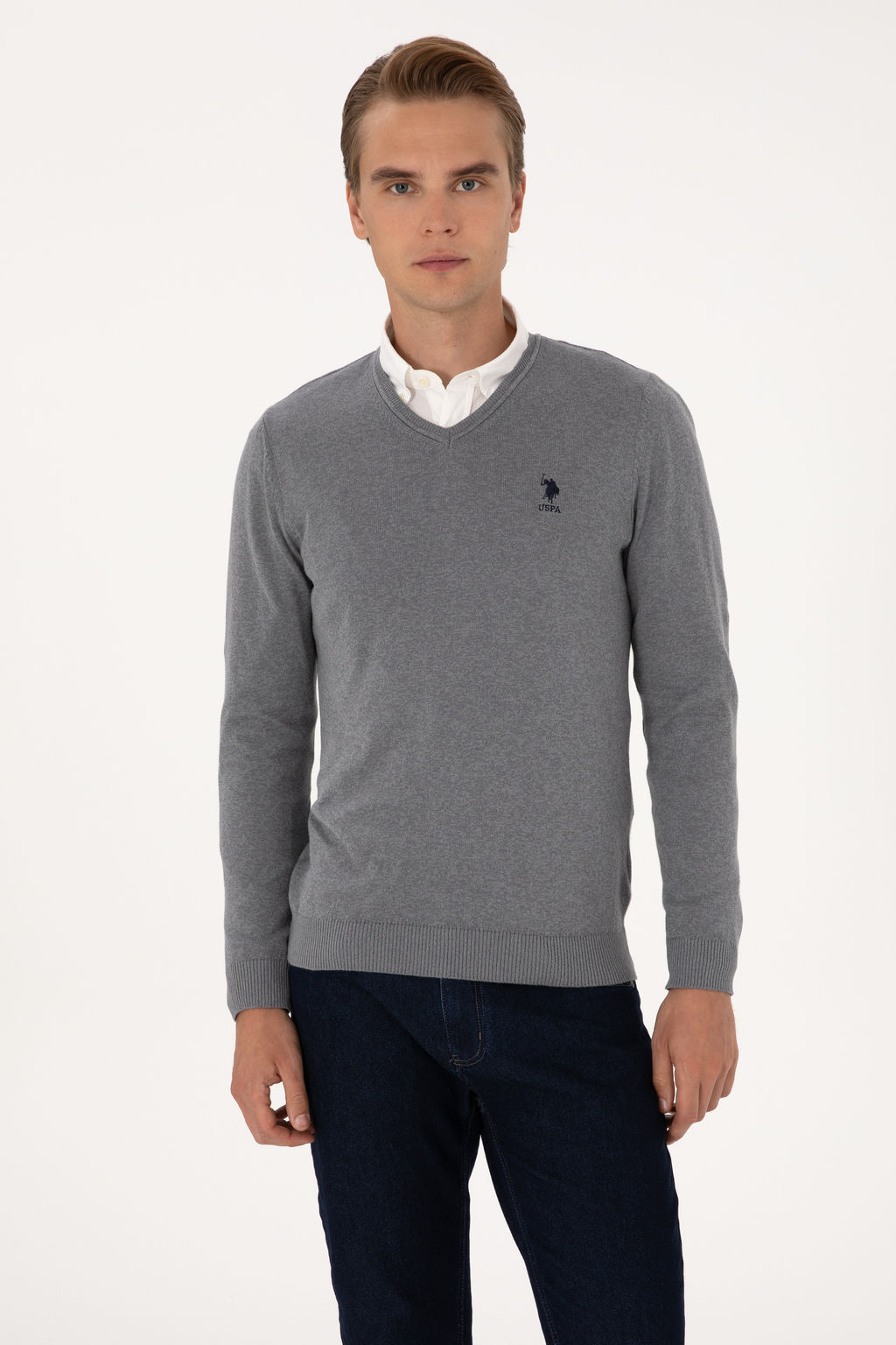Erkek Slim Fit V Yaka Gri Melanj Basic Kazak - U.s. polo assn фото 10