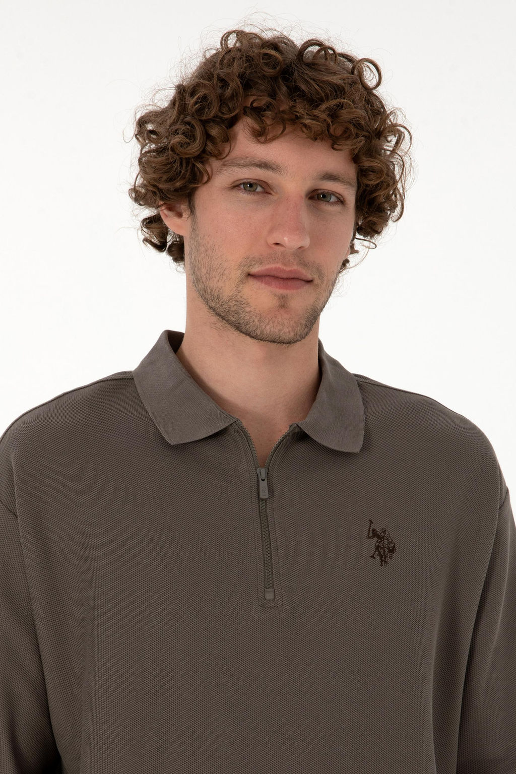 Erkek Comfort Fit Yar_m Fermuarl_ Vizon Sweatshirt