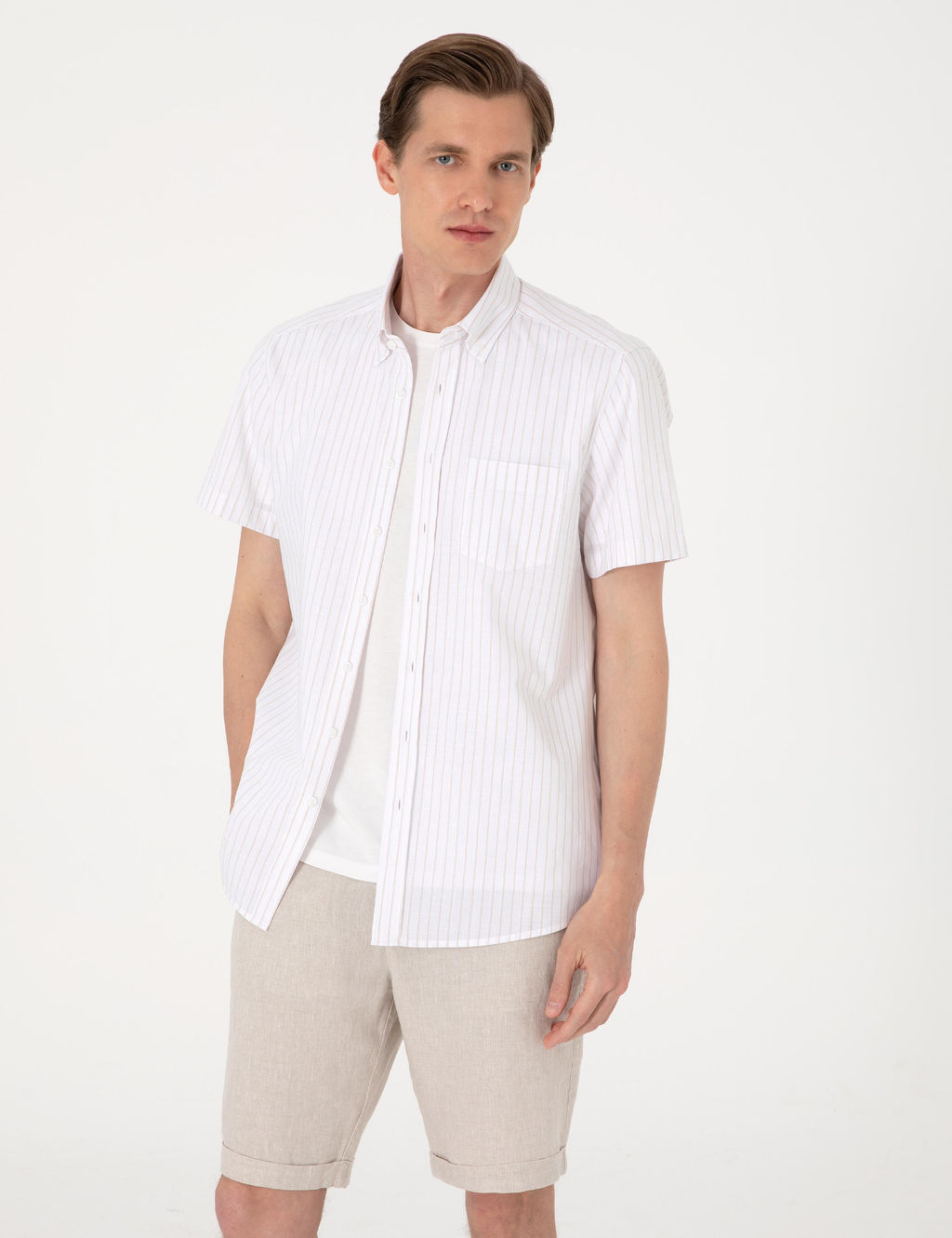Bej Regular Fit _izgili K_sa Kollu G_mlek