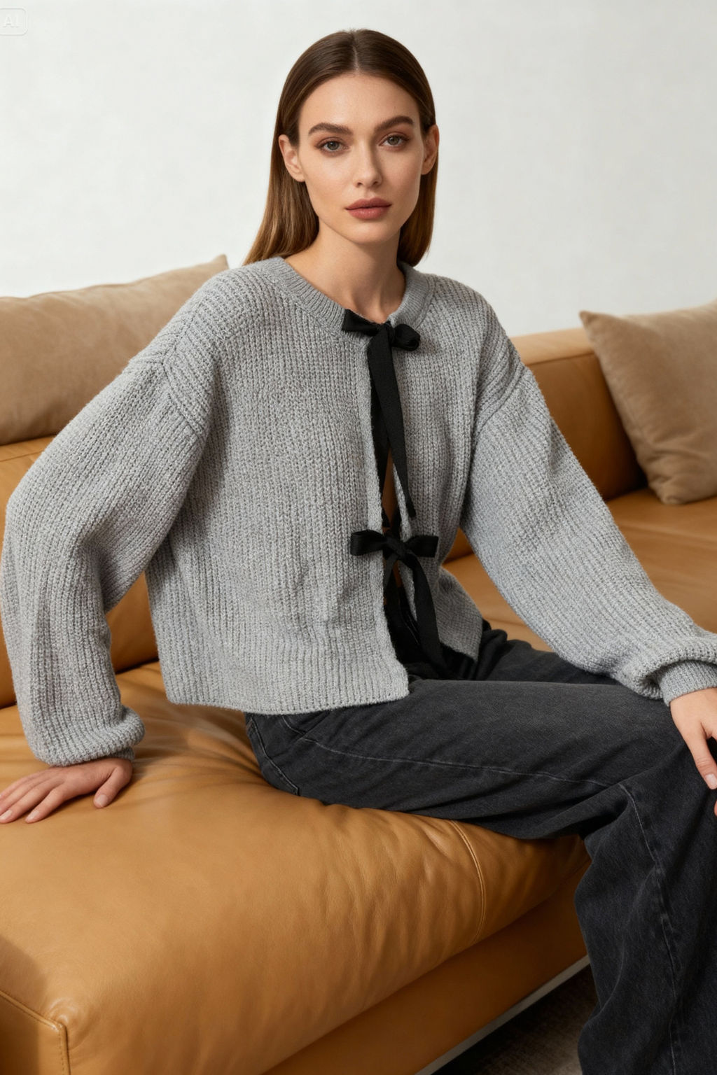 Gri Crop Cift Tarafl? Giyilebilir Kurdele/Fiyonk Baglama Detayl? Triko Kazak TWOAW25KZ00074 - Trendyolmilla фото 20