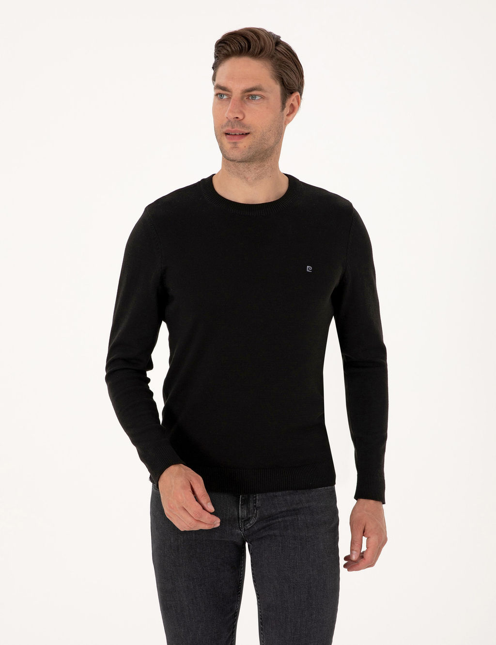 Siyah Slim Fit Bisiklet Yaka Basic Triko Kazak