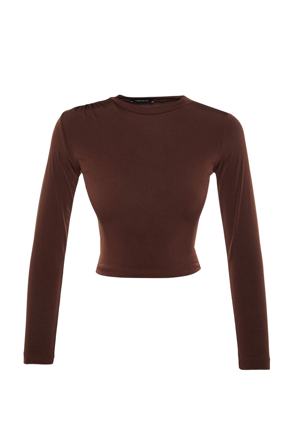Kahverengi Dik Yaka Fitted/Vucuda Oturan Uzun Kol Buzgulu Esnek Orme Bluz TWOAW23EL01391