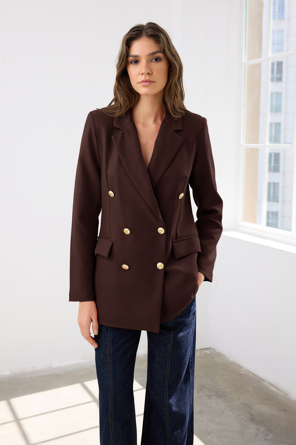 Koyu Kahverengi Astarl? Kruvaze Kapama Dokuma Blazer Ceket TWOSS20CE0024