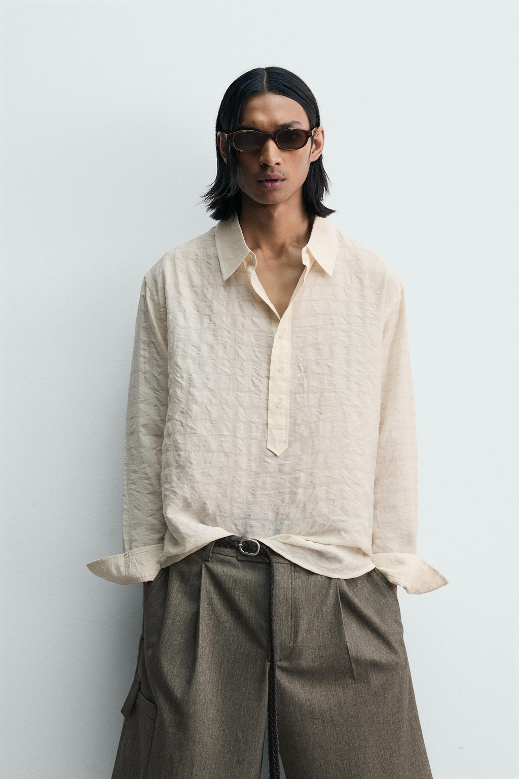CAMISA POLO JACQUARD CUADROS EFECTO ARRUGADO / Blanco roto - Zara фото 2