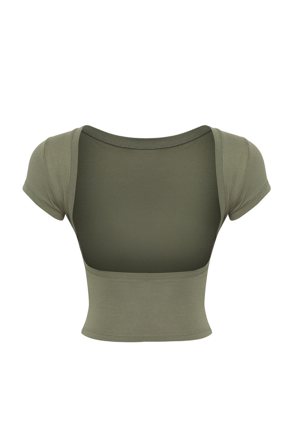 Haki S?rt Dekolteli Crop Pamuklu Esnek Orme Bluz TWOSS23BZ00912