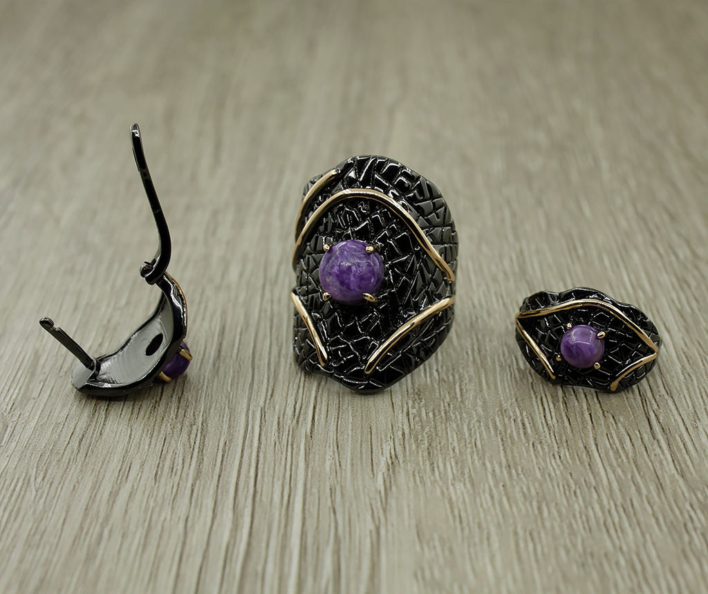 Комплект Чара-52, чароит, покрытие под бронзу, размеры кольца: 17, 18, 19, 20 - Agat77 фото 3