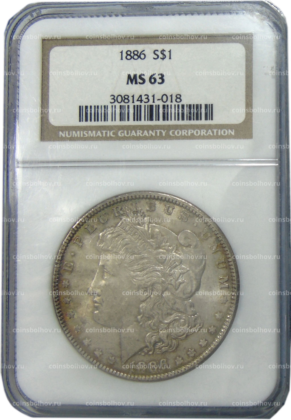 1 доллар 1886 года США Доллар Моргана (в слабе NGC MS 63)