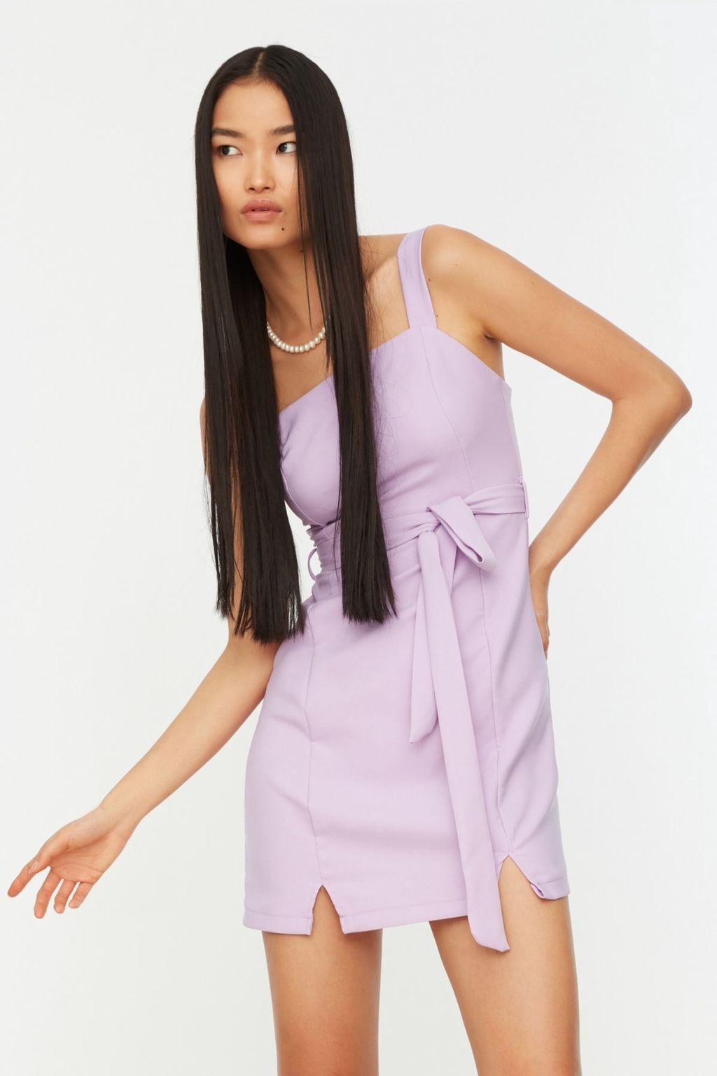 Lila Kusakl? Duz Kesim Y?rtmacl? Kare Yaka Mini Dokuma Elbise TWOSS20EL0977 - Trendyolmilla фото 2