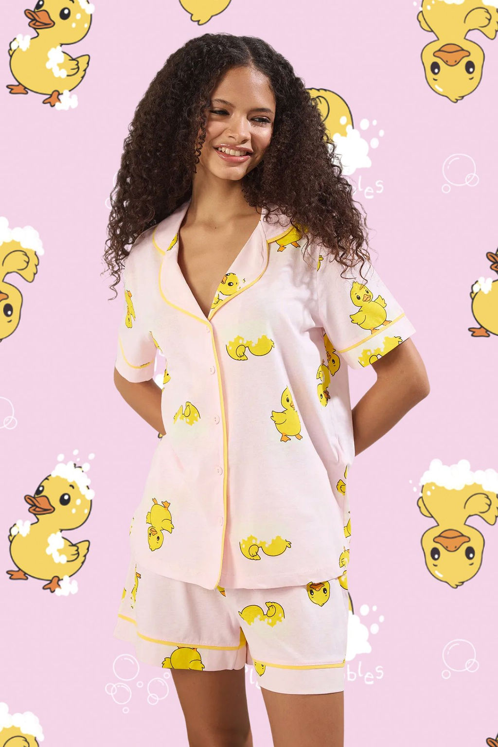 Trendyolmilla Mavi %100 Pamuklu Ordek Desenli Biyeli Sortlu Orme Pijama Tak?m? THMSS25PT00300