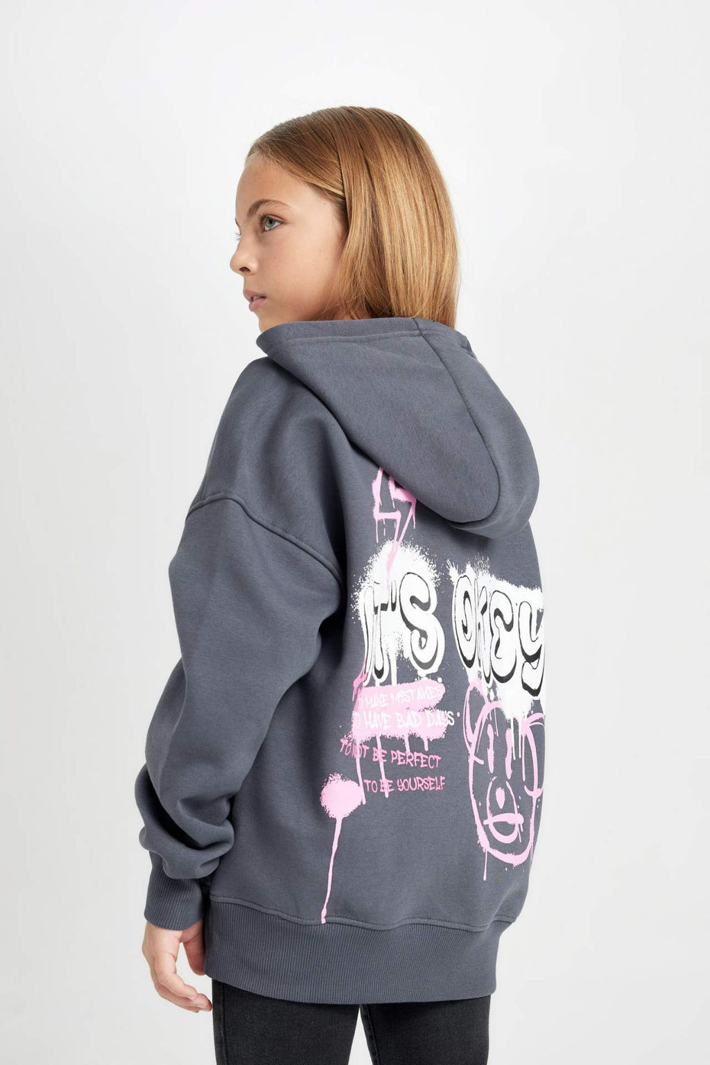 K?z Cocuk Oversize Genis Kal?p S?rt Bask?l? Kapusonlu Sweatshirt - Defacto фото 2