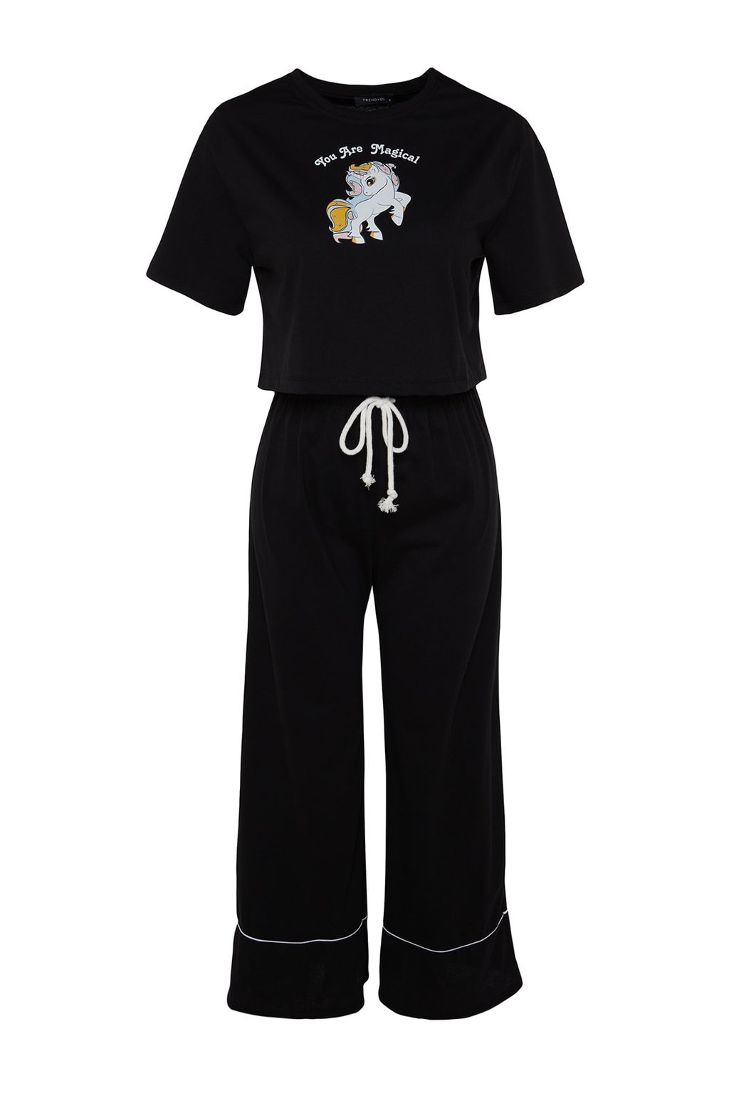 Trendyolmilla Siyah Pamuklu Eglence Bask?l? Biye Detayl? Orme Pijama Tak?m? THMSS21PT0953 фото 8