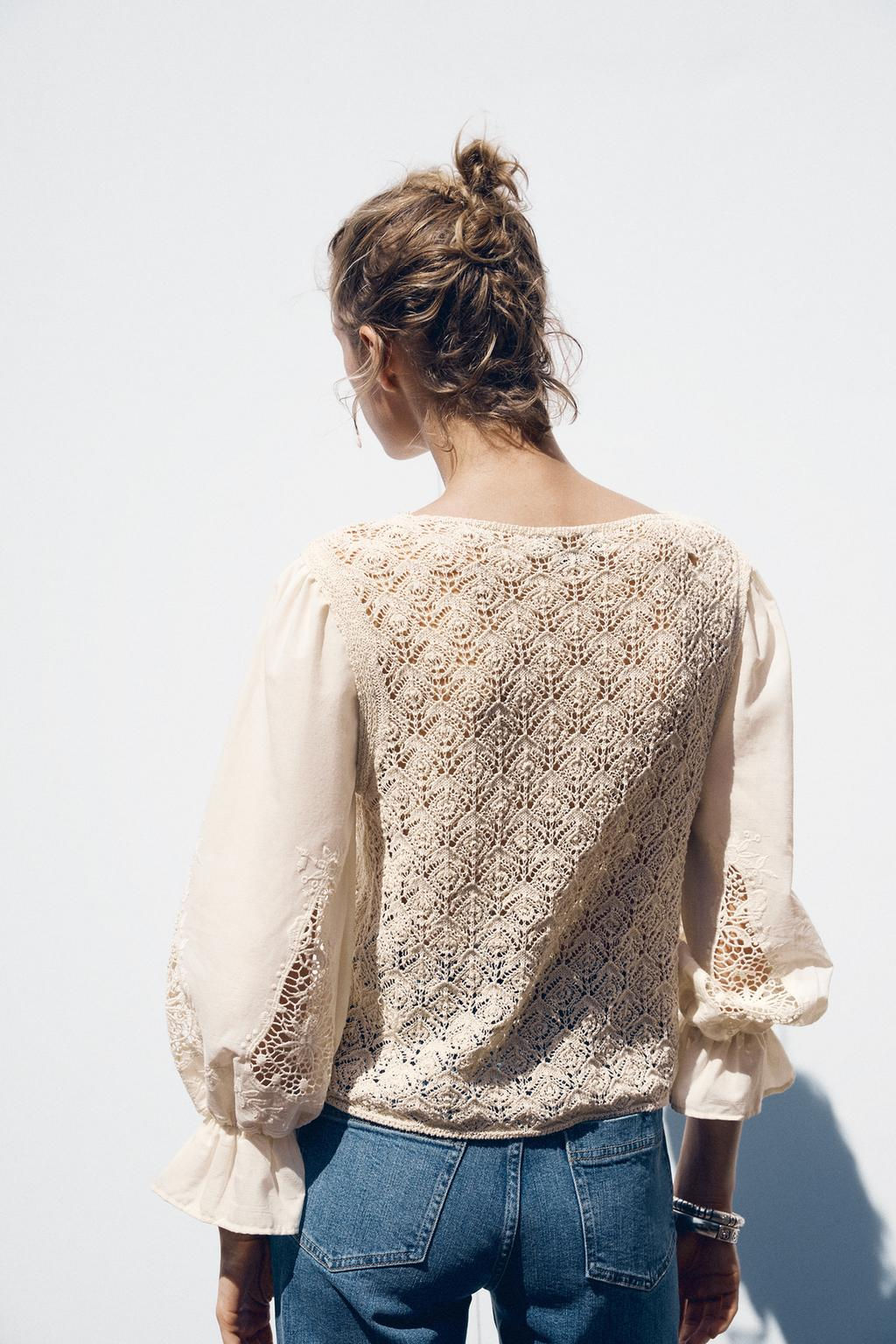 POINTELLE KNIT SWEATER WITH CONTRASTING SLEEVES - Zara фото 4