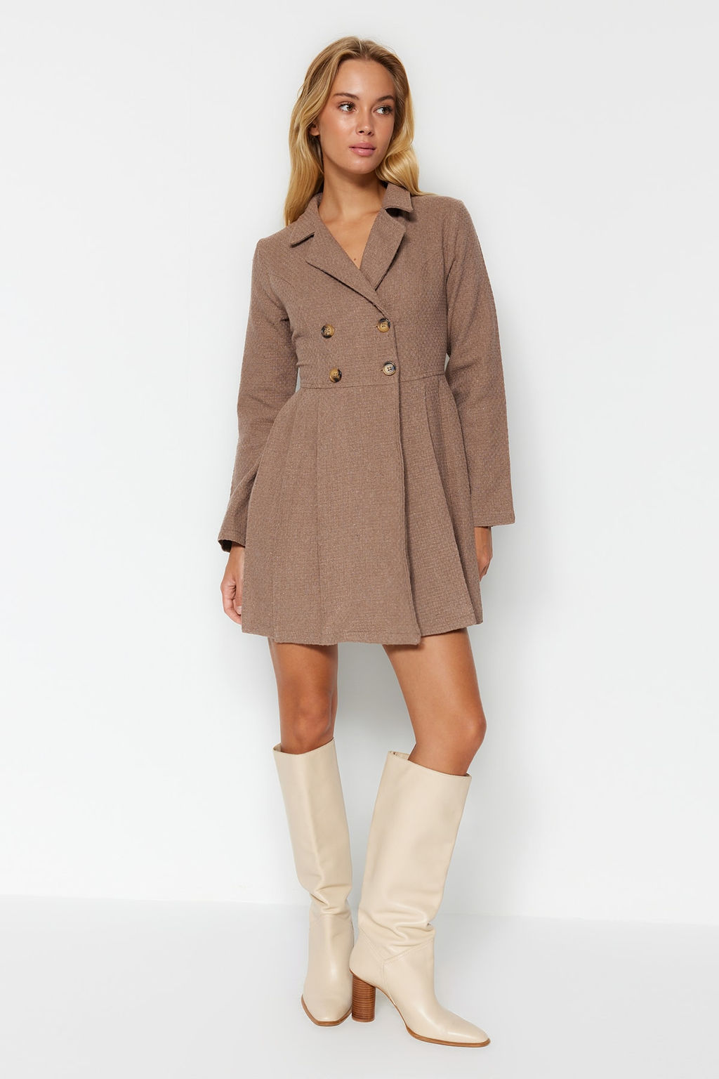 Kahverengi Pileli Dugmeli Mini Dokuma Elbise TWOAW24EL00338 - Trendyolmilla фото 8