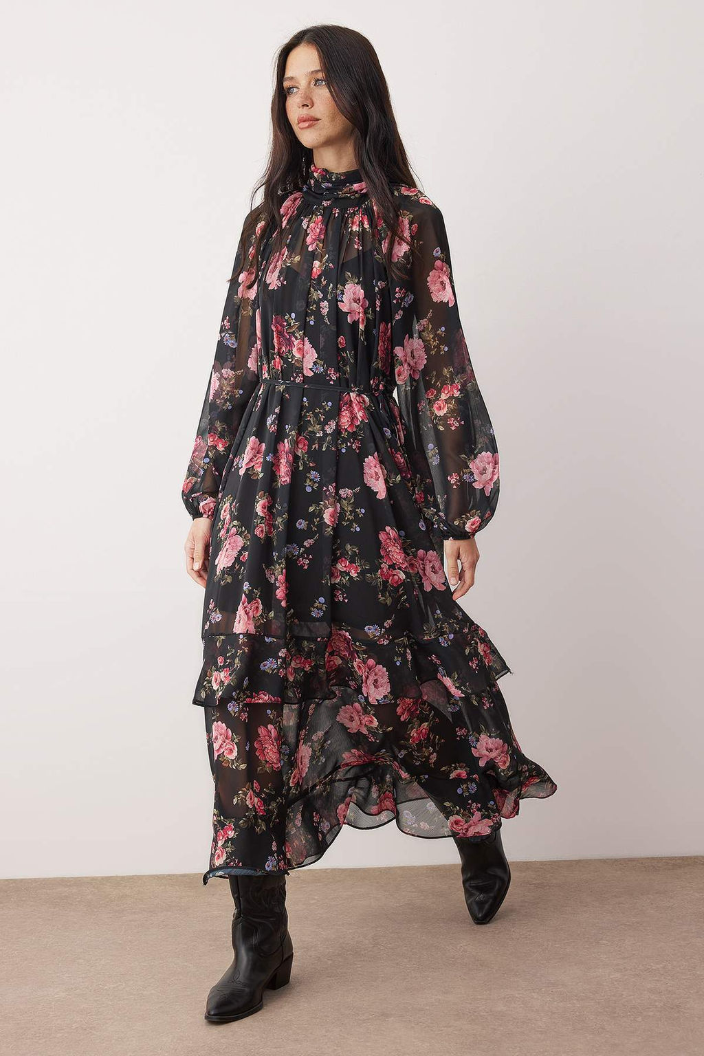 Siyah-Cok Renkli Cicekli Maxi Astarl? Sifon Dokuma Elbise TWOAW26EL00274 - Trendyolmilla фото 2