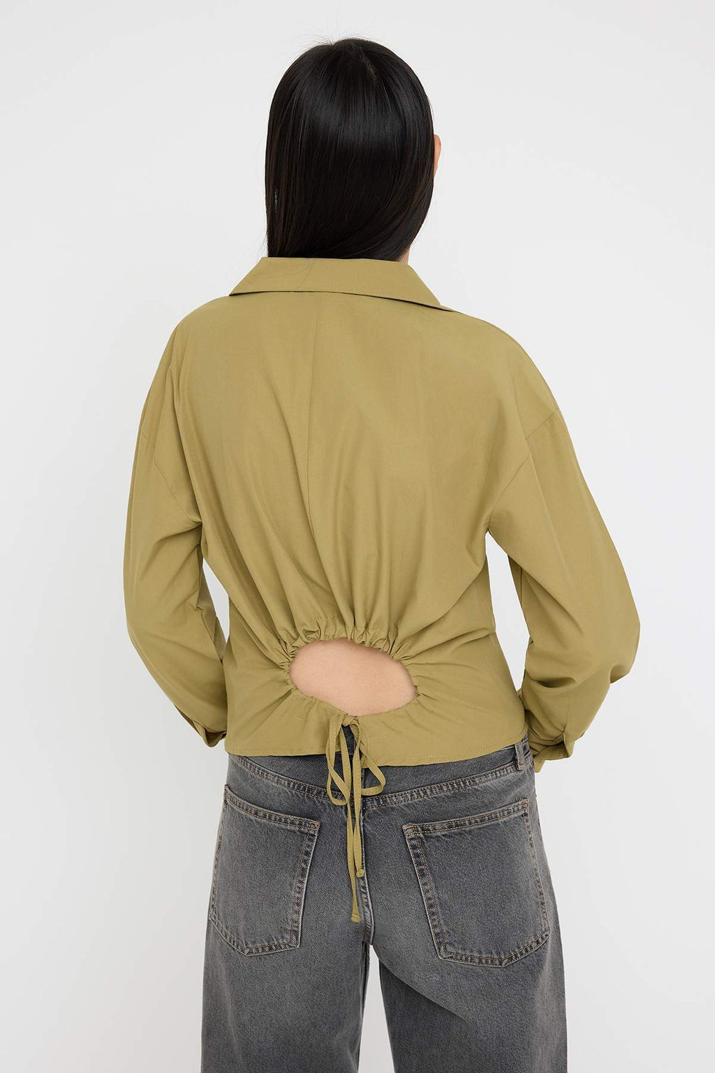 Teen S?rt Buzgu Detayl? Hafif Crop Haki Gomlek TWOAW26GO00040