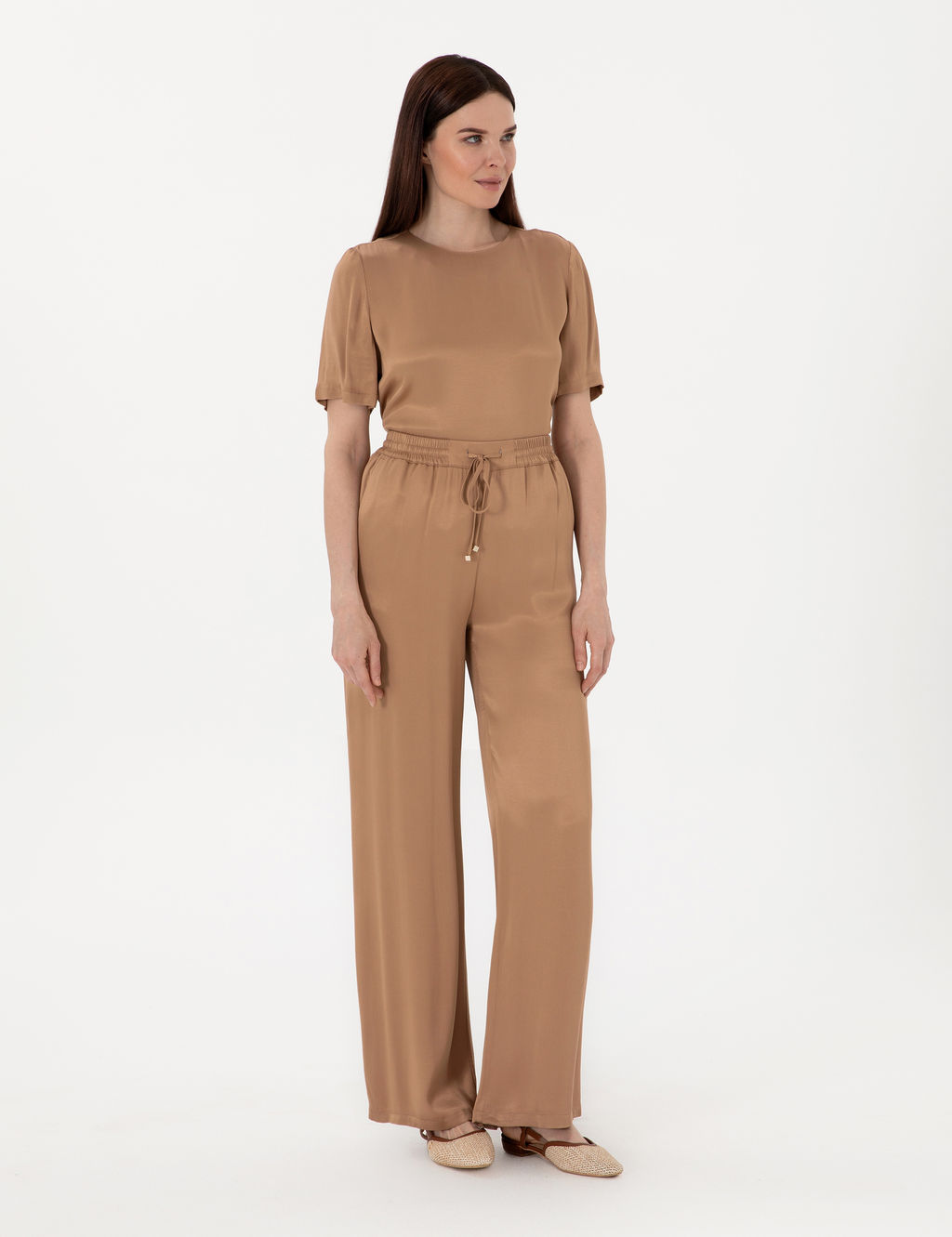 Kahverengi Saten Loose Fit Pantolon