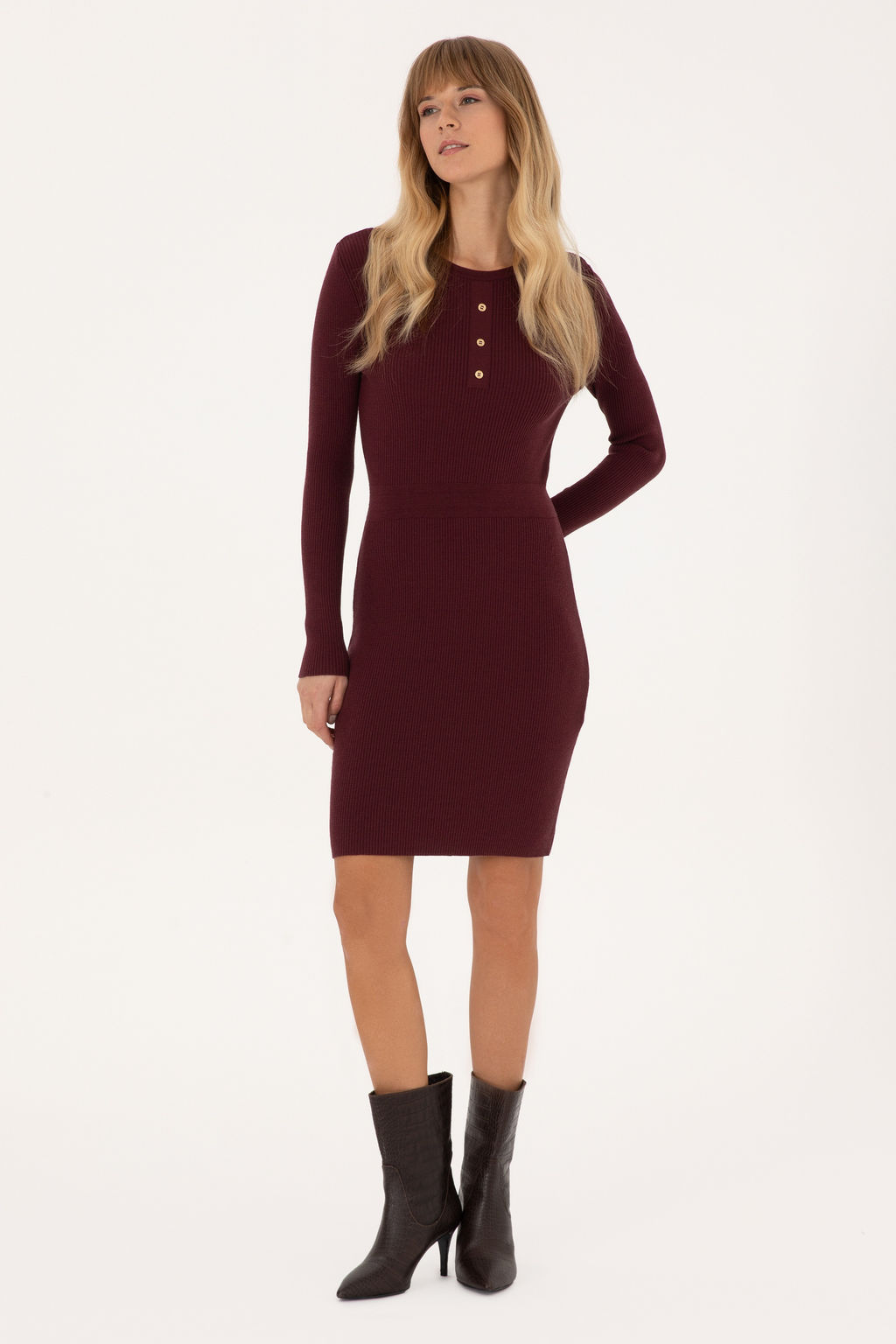 KadДn Bordo Bisiklet Yaka Mini Boy Triko Elbise