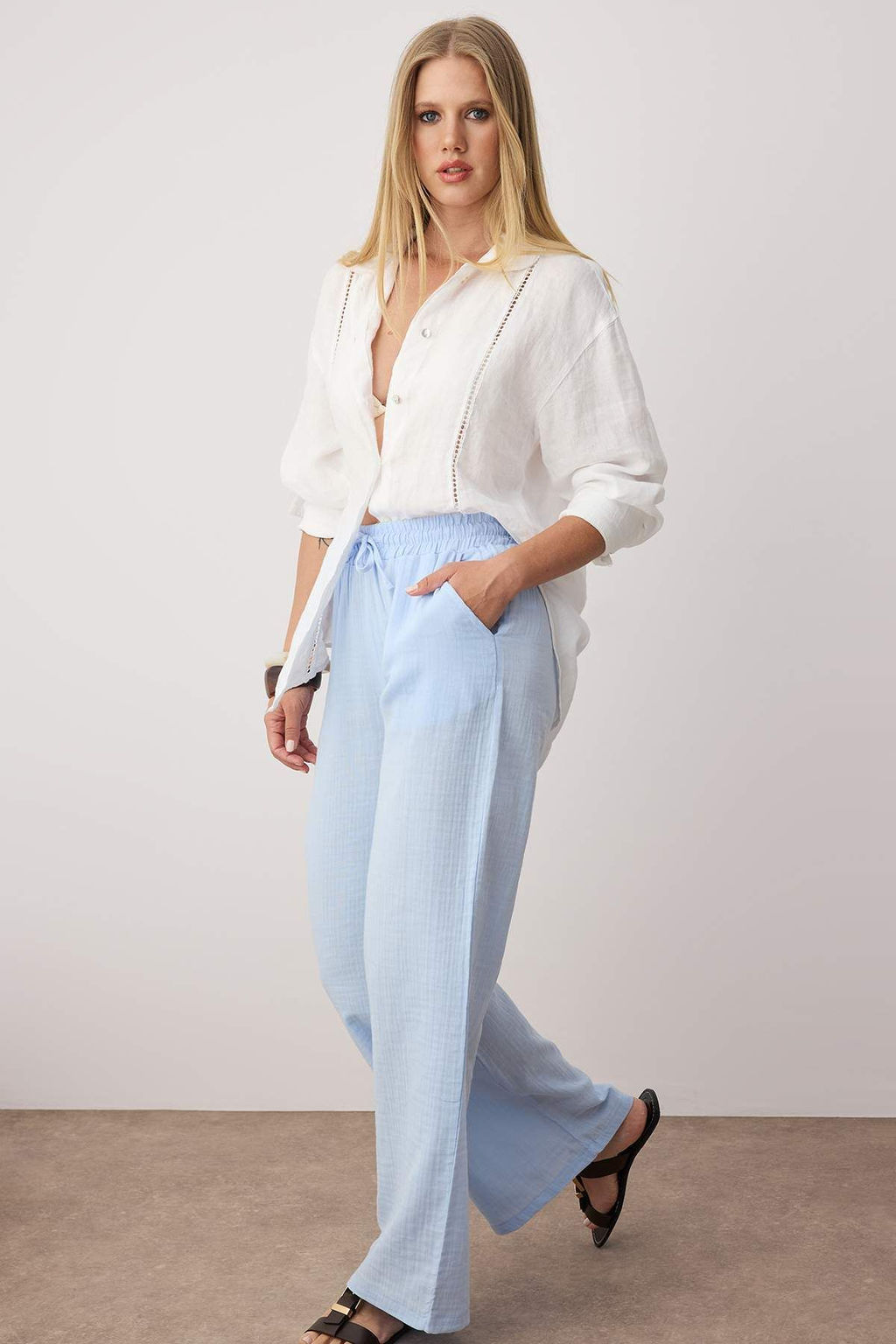 Siyah Muslin Beli Lastikli Yuksek Bel Wide Leg/Genis Paca Pantolon TWOSS25PL00131 - Trendyolmilla фото 2