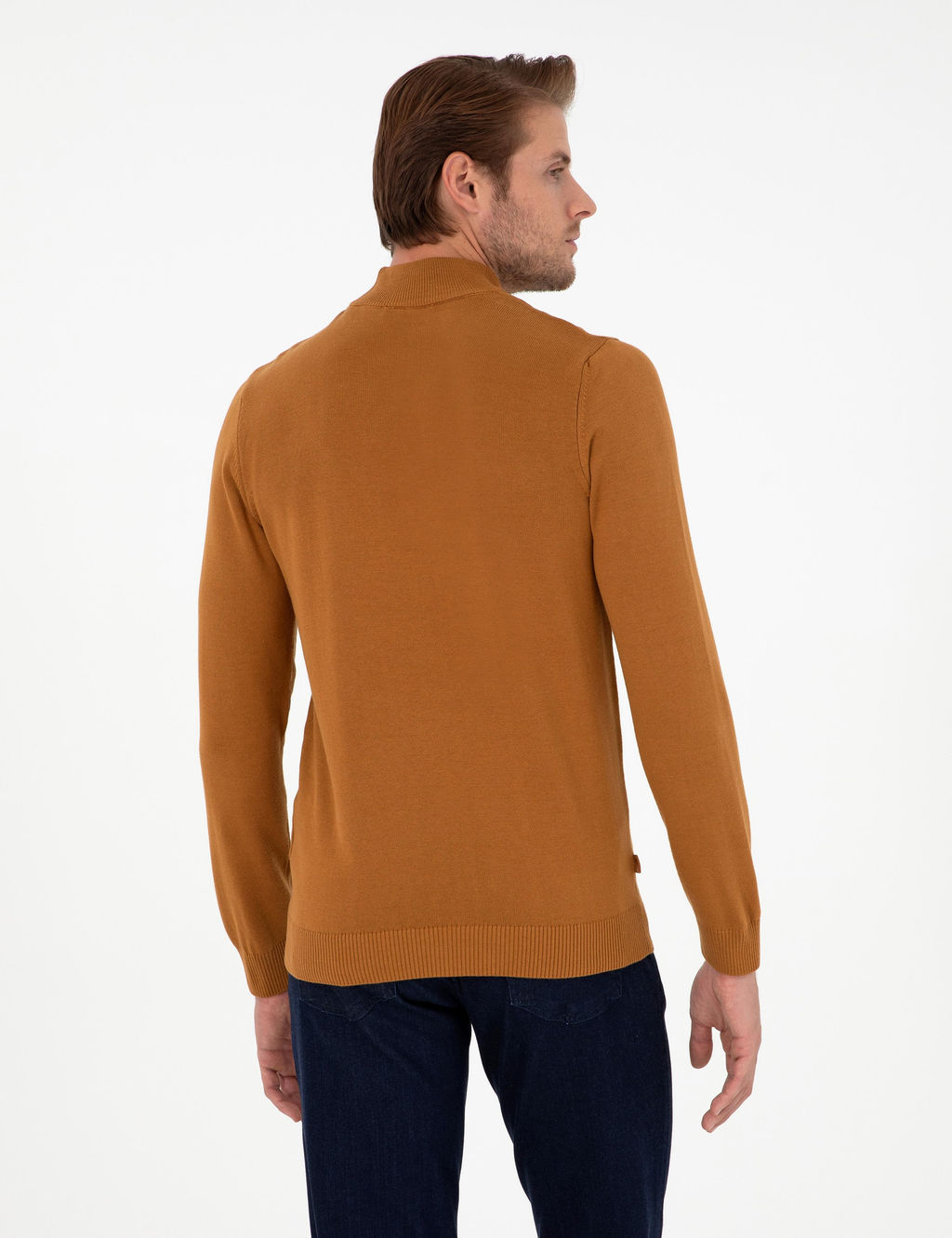 Kahverengi Slim Fit Yar_m Bal_k__ Yaka Basic Triko Kazak