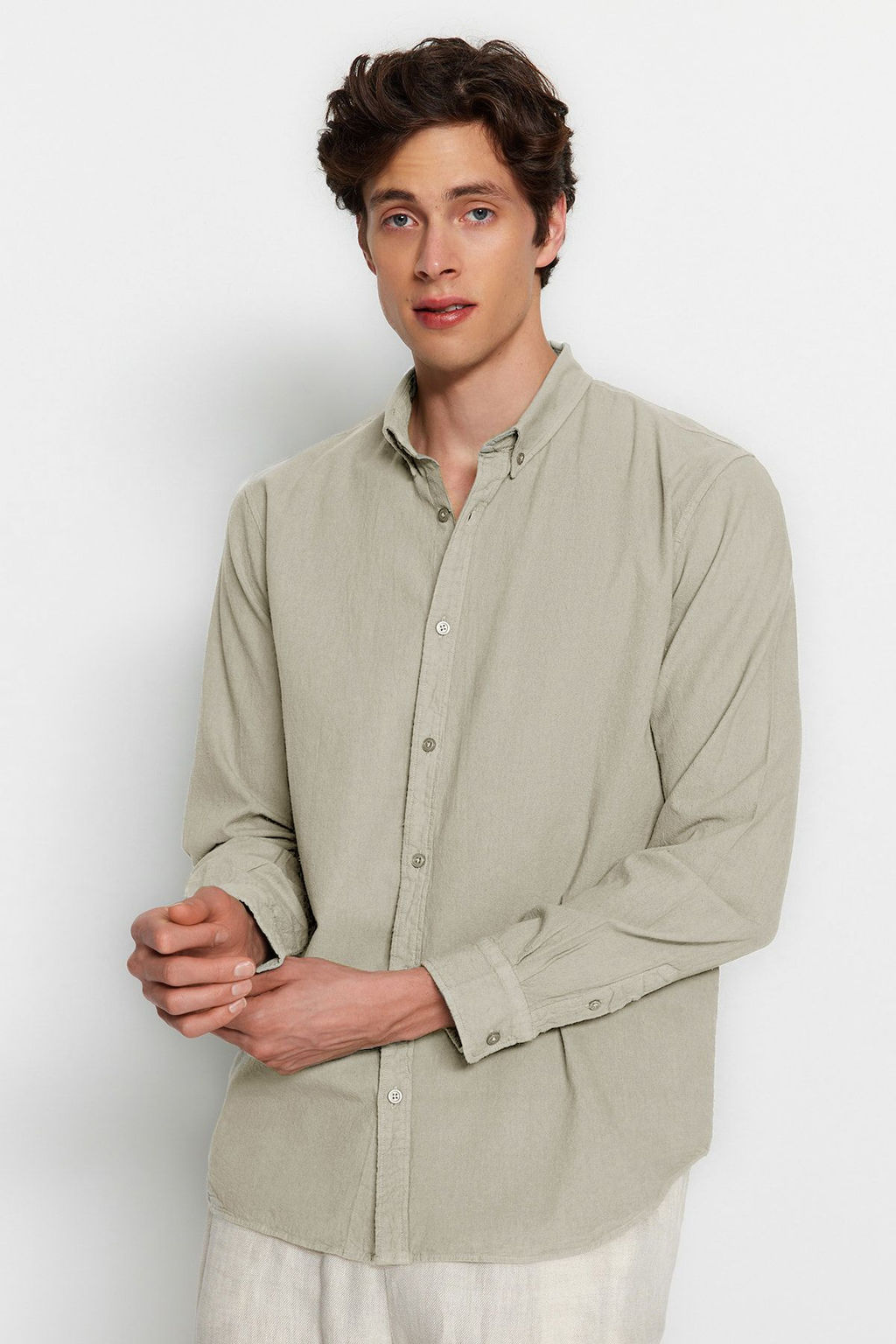 Bej Unisex Regular Fit %100 Pamuklu Keten Gorunumlu Gomlek TMNSS23GO00099