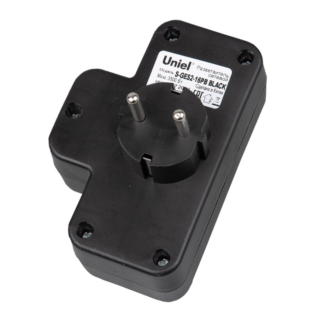 S-GES2-16PB BLACK Разветвитель сетевой с выключателем, с/з. 2 гнезда. 16А, 3500Вт. Черный. ТМ Uniel
