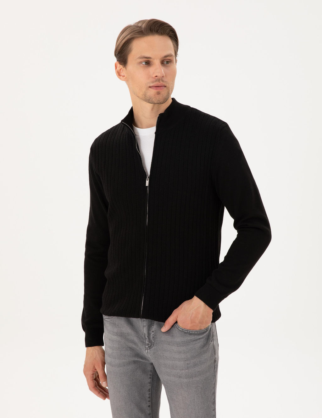 Siyah Slim Fit Fermuarl_ Triko H_rka