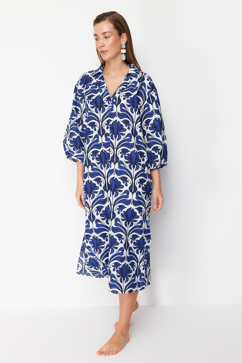 Etnik Desenli Genis Kal?p Dokuma %100 Pamuk Midi Plaj Elbisesi TBESS22EL0009