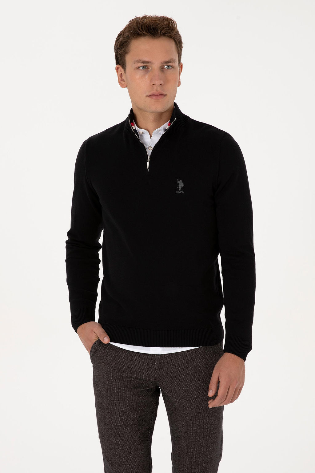 Erkek Slim Fit Yar_m Fermuarl_ Siyah Kazak